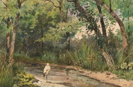 Jean Baptiste Georges Gassies (1829-1919) - Watercolour, Stork by a River