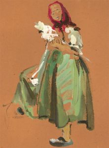 French School Early 20th Century Gouache - Lady in Green