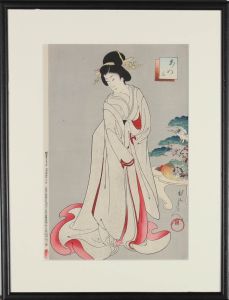 Toyohara Chikanobu (1838-1912) - 1868 Japanese Woodblock, Geisha With A Bonsai
