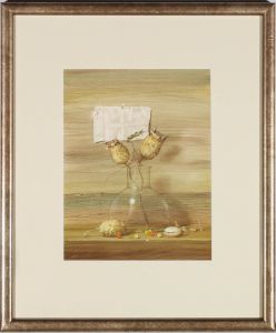 Aktai Alirzyaev  - Contemporary Watercolour, Glass Flask and Dried Seed Heads