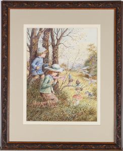 John Cecil Lund (b.1932)- Framed Watercolour, Playful Pixies & Woodland Fairies