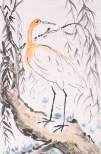 Hu Dongfang - Contemporary Watercolour, Orange Crane