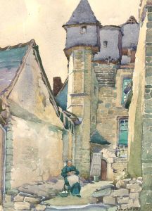 Joan Winby - Early 20th Century Watercolour, Peeling Potatoes Outside The Castle