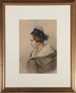 Jules Laurens (1825-1901) - 1857 Watercolour, Girl with the Lace Bonnet