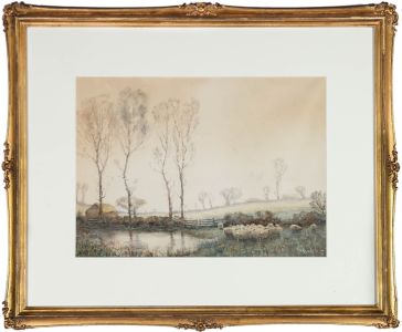Framed Late 19th Century Watercolour - Sheep by the Pond