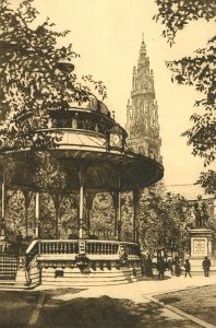 Marcel Schuette  - 1924 Etching, Groenplaats in Antwerp