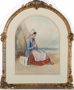 Delia Robins (fl. 1856-1858)  - 1854 Watercolour, Knitting by the Sea