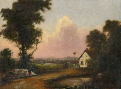 Mid 19th Century Oil - A Stop at The Farmstead