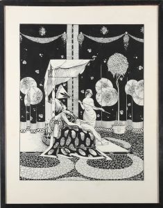 Hadossett - 1920 Pen and Ink Drawing, Resting Queen in a Mythological Interior