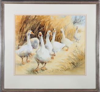 Adelene Fletcher - Framed 20th Century Watercolour, Gaggle of Geese