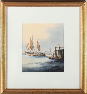 Ken Hammond (b.1948) - Framed 20th Century Gouache, Sailing Ship Near A Pier