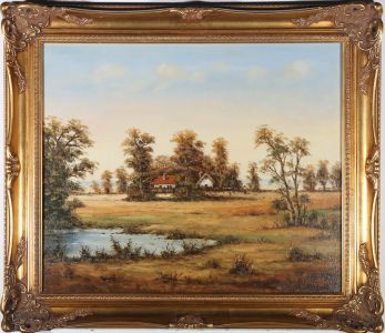 Framed 20th Century Oil - Rural Landscape with Cottages
