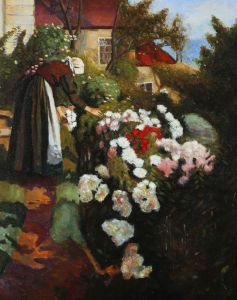 L. Williams - 20th Century Acrylic, Tending to the Dahlias