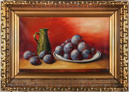 Framed Mid 20th Century Oil - Still Life of Purple Plums