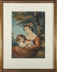 Early 19th Century Watercolour - Mother & Child Holding a Rabbit