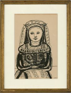 Mid 20th Century Pen and Ink Drawing - Little Renaissance Girl