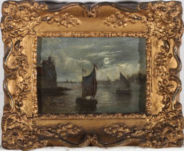 Framed Early 19th Century Oil - Fishing Boats by Moonlight
