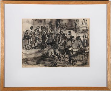Antonio Mari Ribas (1906-1974) - Framed India Ink Study, Market Conversations