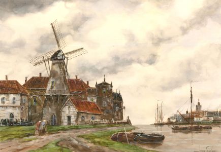 Jan Van Couver (1836-1909) - Watercolour, Windmill on the Estuary 83