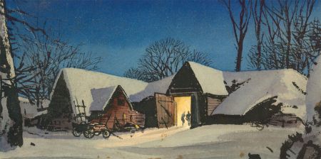20th Century Watercolour - Barn in the Snow