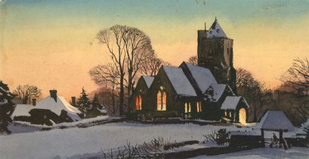 Mid 20th Century Watercolour - Village Church in the Snow
