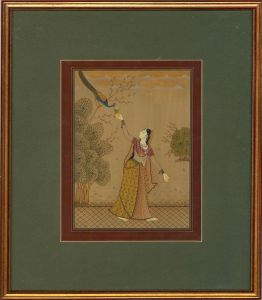 - Indian Miniatures Early 20th Century Gouache, Feeding the Peacock
