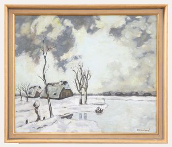 JP. Veahanef - Framed 20th Century Oil, Winter Landscape with Cottages