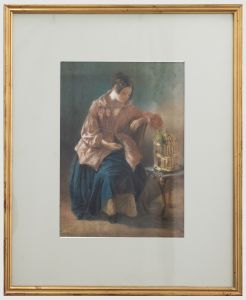 Framed 19th Century Pastel - Lady & The Parrot