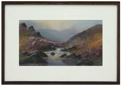 V. Bre - Framed Late 19th Century Gouache, Highland Landscape with Heather