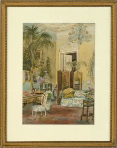 M.E.C - Framed 1894 Watercolour, Salon Interior