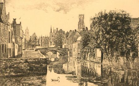 Marcel Schuette - Mid 20th Century Etching, The Swans of Bruges