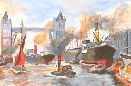 Kennedy - Contemporary Gouache, Tug Boats at Tower Bridge