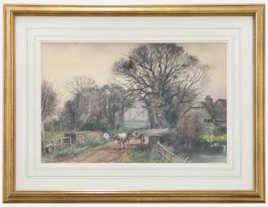 Framed 20th Century Watercolour - Cattle Over the Brick Bridge