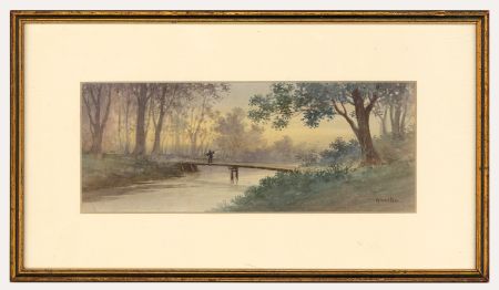Kasetsu - Framed Late 19th Century Watercolour, Fisherman on the Bridge