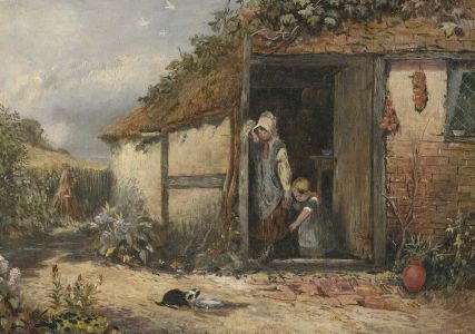 Late 19th Century Oil - Feeding the Cottage Kitten