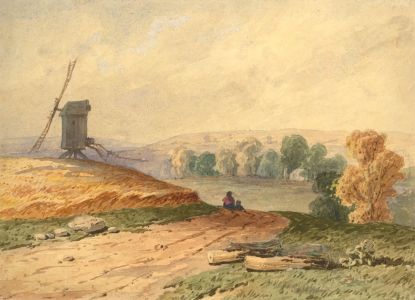 Late 19th Century Watercolour - Windmill in Wheat Fields