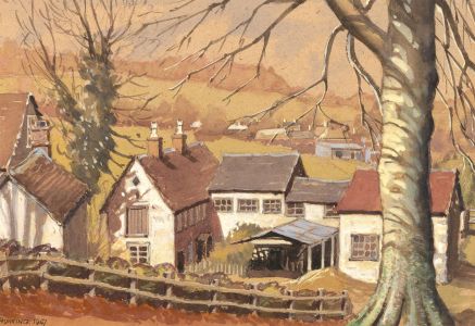 W. Hunking - 1947 Watercolour, English Village in WInter