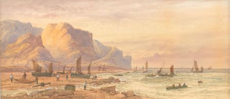 L. Lewis - 1900 Watercolour, Fishermen at Sunset