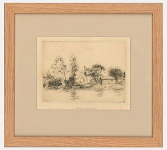 Framed Early 20th Century Etching - Farmhouse on the River