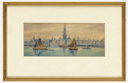 P. Le Costu - 1918 Watercolour, Antwerp from the River Scheldt