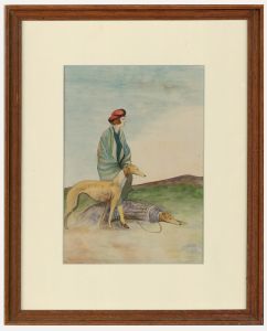 Framed c.1930 Watercolour - Out Walking the Greyhounds