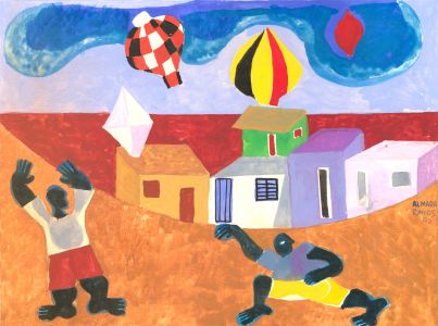 Almada Ramos (b.1963) - 1990 Gouache, Balloons Over The Village