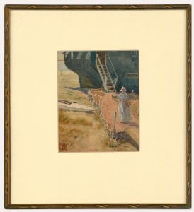 Stanger Pritchard (fl.1905-1918) - Watercolour, Dutch Girl by a Houseboat