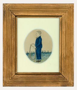 English School Folk Art Watercolour - Portrait of a Boy with a Hoop & Stick