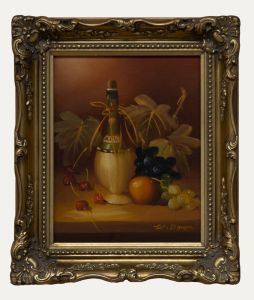 W. Damon - Framed Contemporary Oil, Still Life with Fruit & Wine