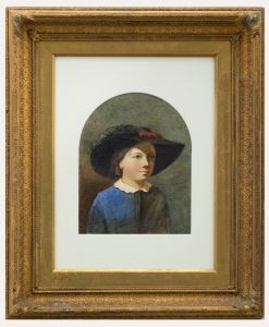 19th Century Watercolour - Girl in a Feathered Hat