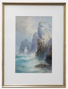 John Clarkson Isaac Uren (1845-1932) - Watercolour, Breaking on the Cliffs