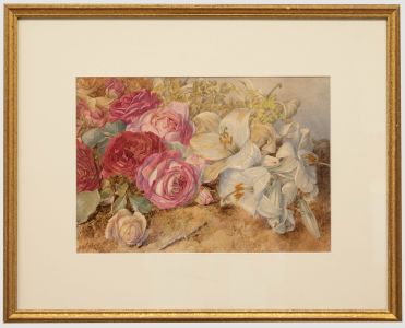Mary E. Duffield RI (1819-1914) - Framed Watercolour, White Lilies & Pink Roses