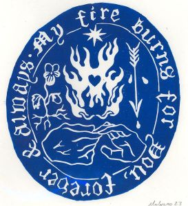 Isabelle Mulvany - 2023 Linoprint, My Fire Burns for You (Blue)