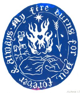 Isabelle Mulvany - 2023 Linoprint, My Fire Burns for You (Blue)